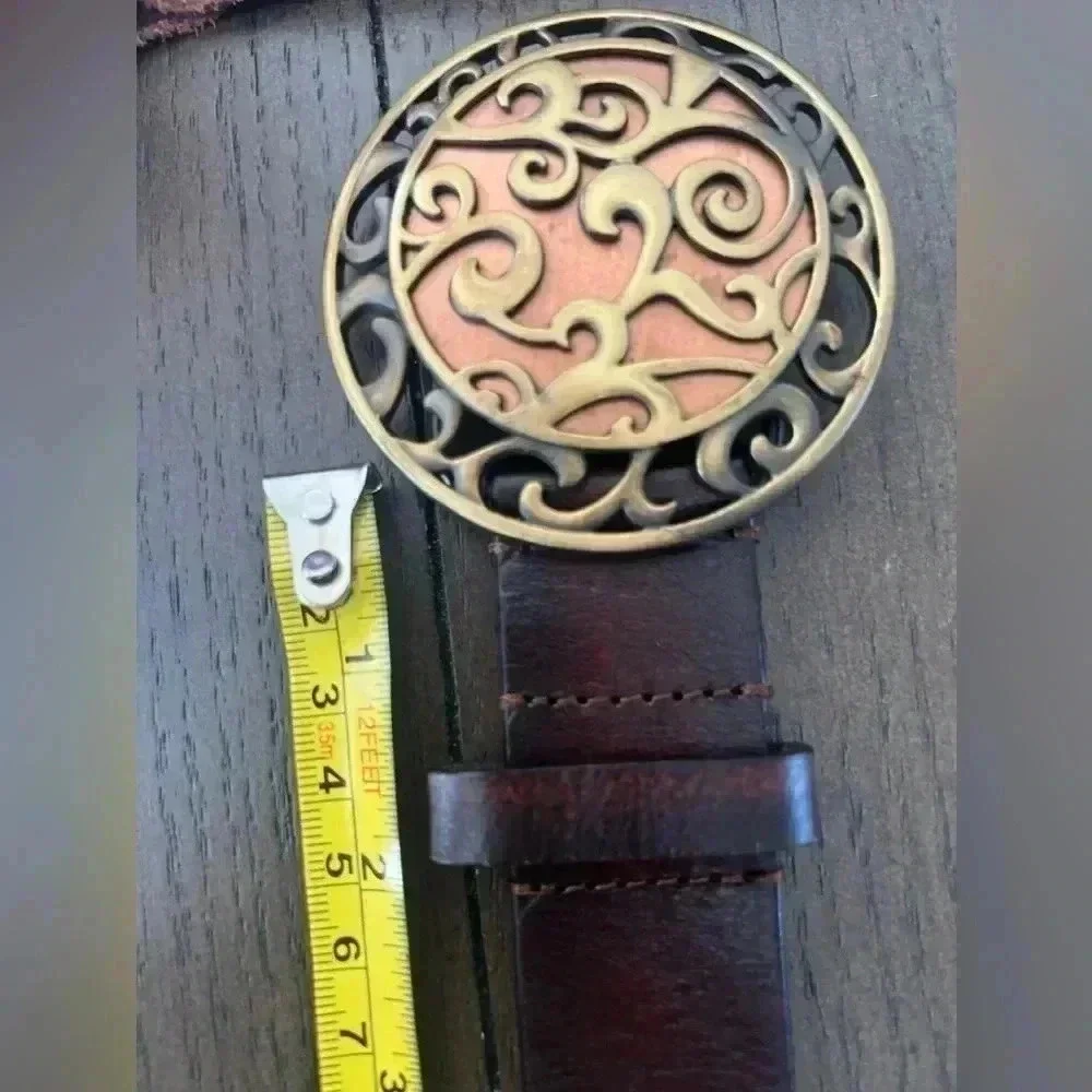 Chico's Women's  Brown leather belt Brass‎ Medallion Buckle